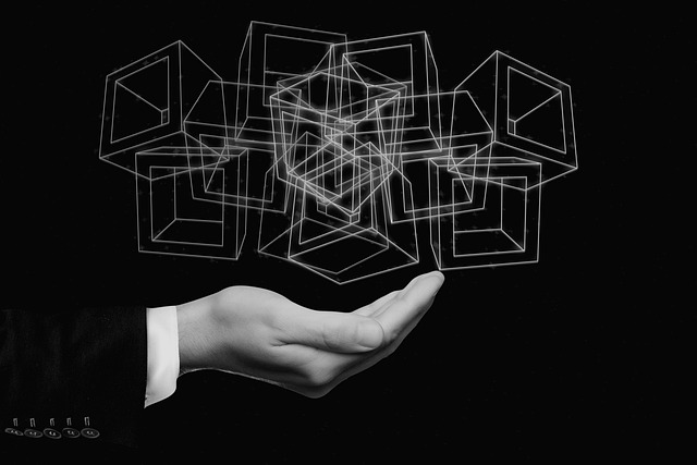 Uma mão aberta, sobre a qual flutuam vários cubos , simbolizando as medidas a serem tomadas