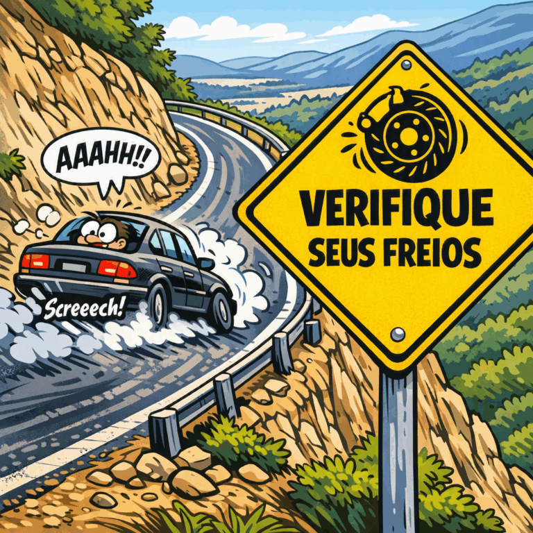 Desenho ilustrativo dos riscos de ignorar as medidas preventivas, mostrando um carro descendo a serra sem freios e uma placa "Verifique seus Freios".