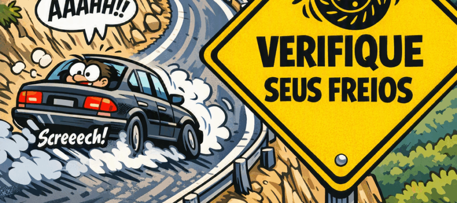 Desenho ilustrativo dos riscos de ignorar as medidas preventivas, mostrando um carro descendo a serra sem freios e uma placa "Verifique seus Freios".